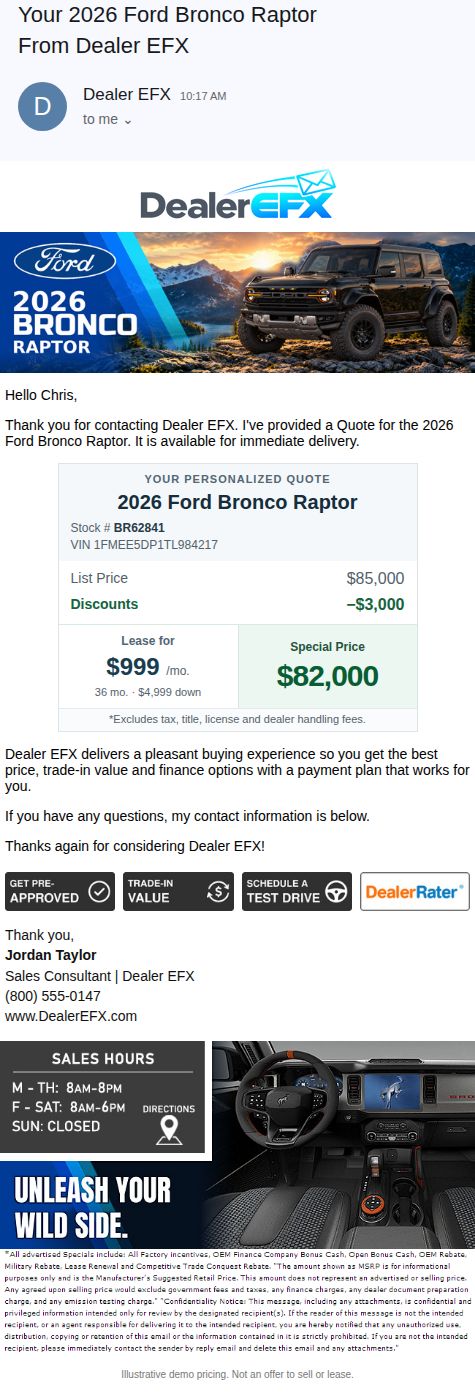 2026 Ford Bronco Raptor — finished Quote email