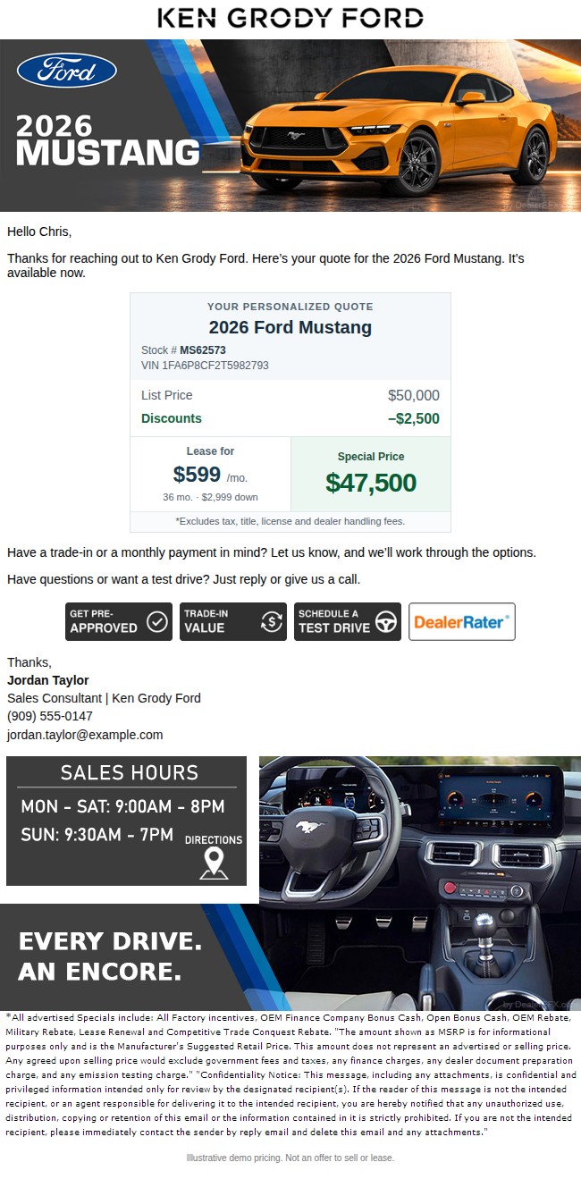 2026 Ford Mustang — Ken Grody Ford sample email with fictional contact, stock and VIN details