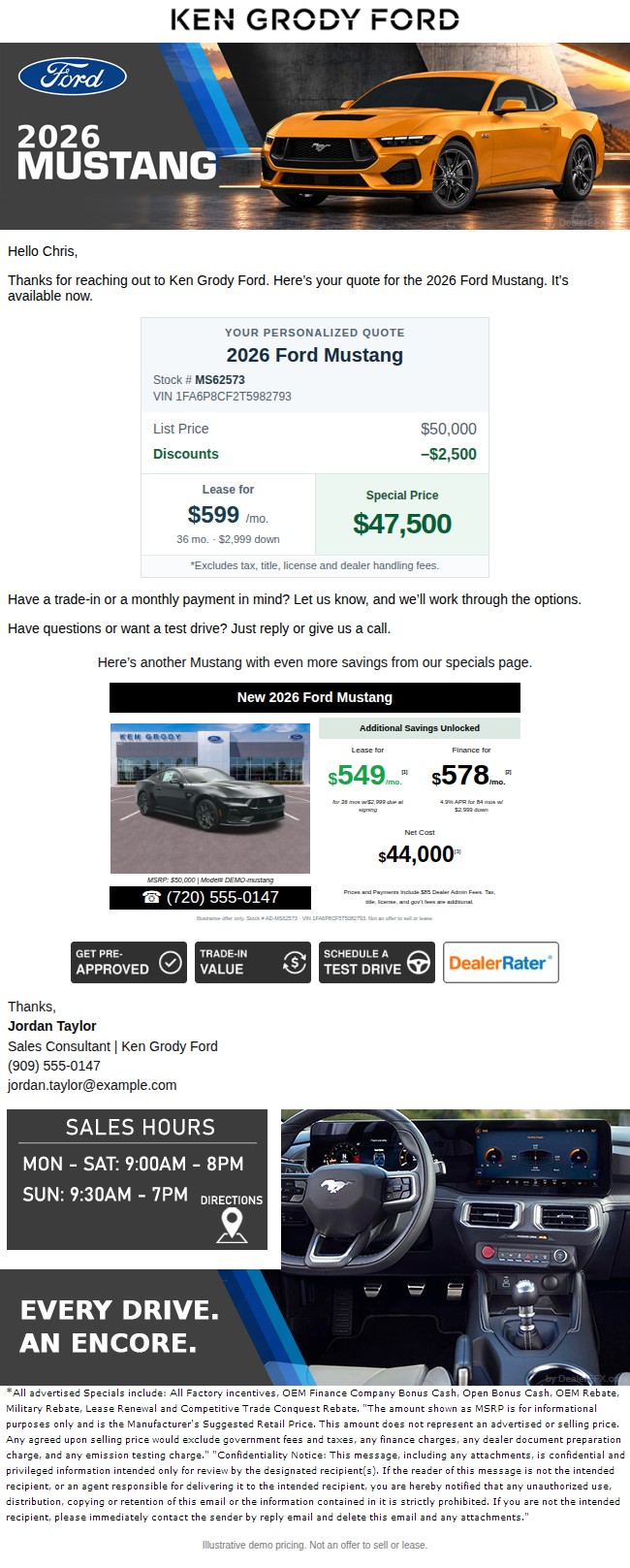 2026 Ford Mustang with a similar vehicle on weekly special — Ken Grody Ford sample email with fictional contact, stock and VIN details