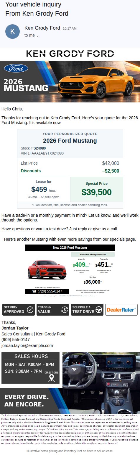 2026 Ford Mustang — finished quote email