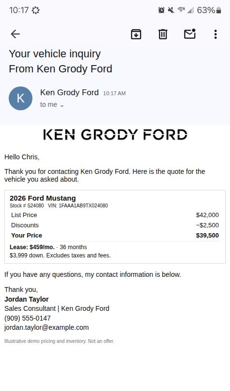 2026 Ford Mustang — plain quote email