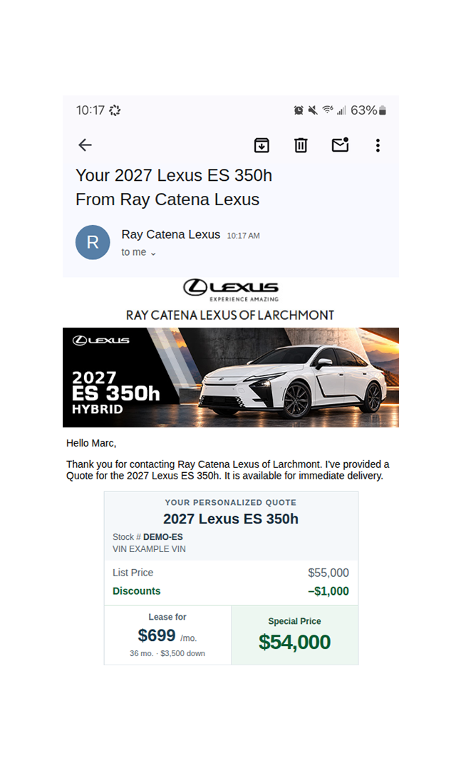 Dealer EFX 2027 Lexus ES demonstration, vehicle and illustrative quote