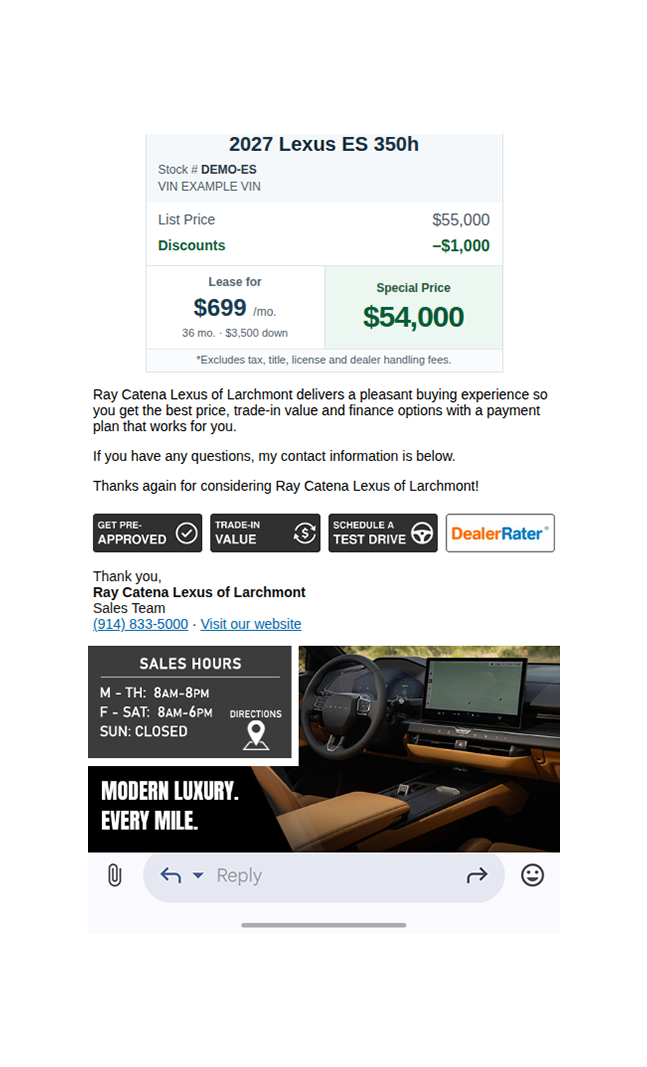 Dealer EFX demonstration, actions, contact details and complete footer