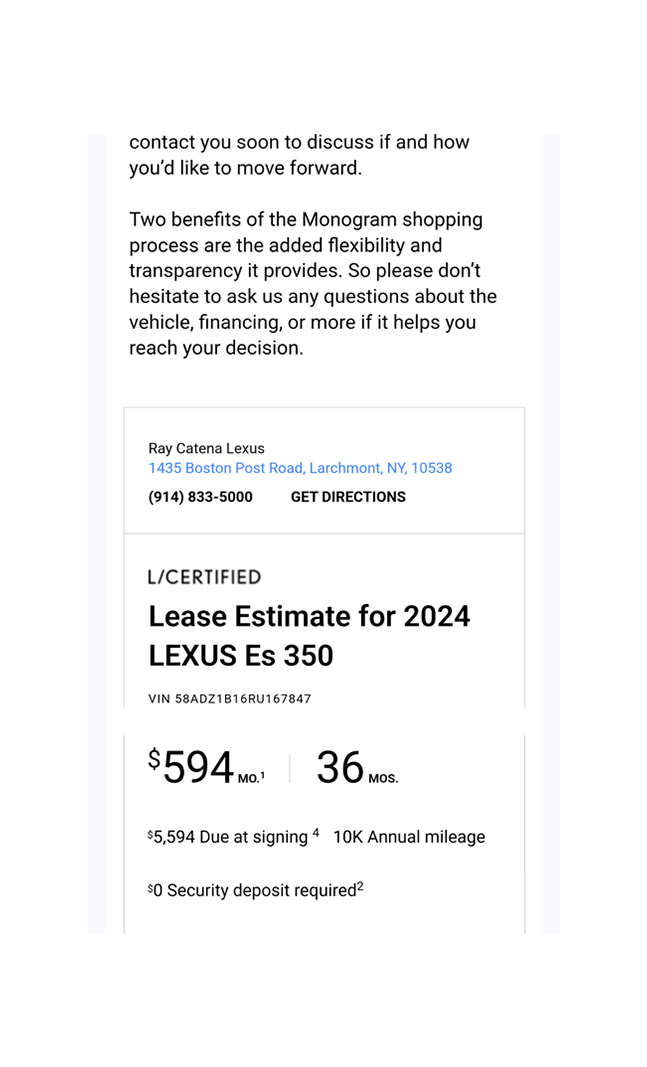 Archived Ray Catena email, message and lease estimate